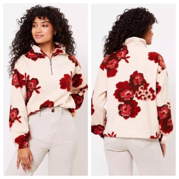 LOFT Tops - Loft Floral Sherpa Half Zip Sweatshirt M & L